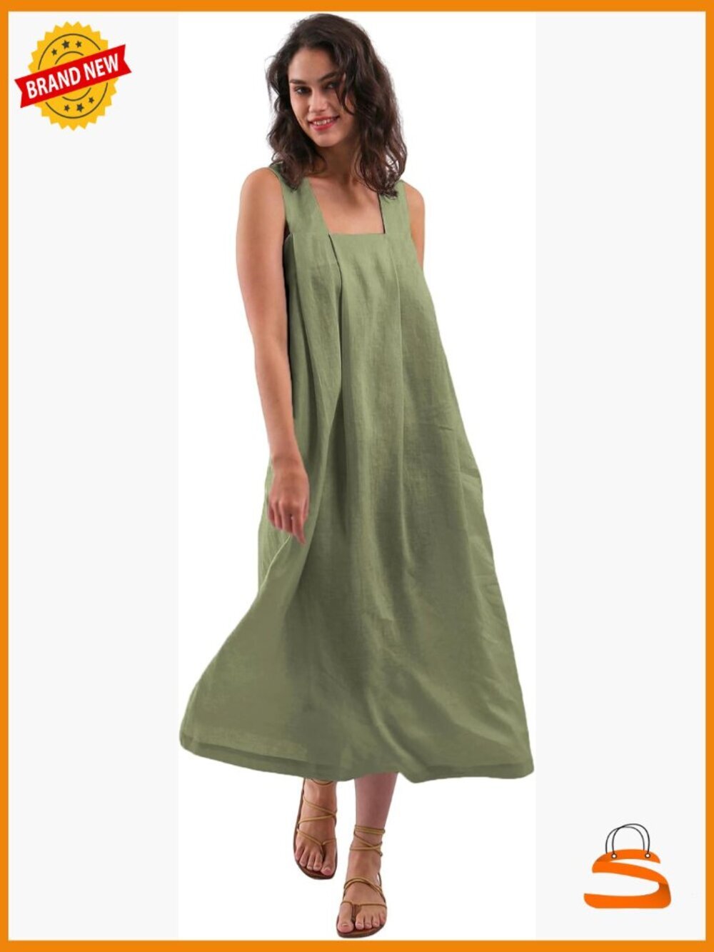Pure Linen Sleeveless Midi Dress with Pockets Square Neck